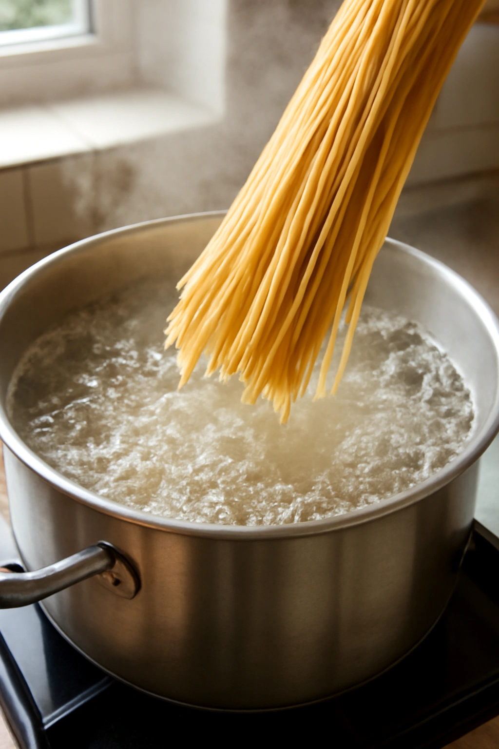 Pot of boiling water with spaghetti added and steam rising