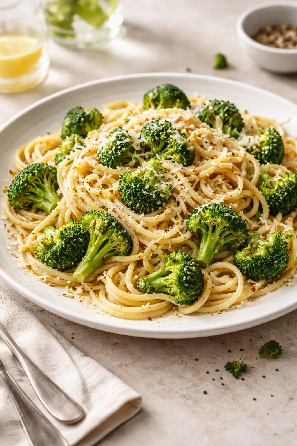 Pasta with broccoli, garlic, and Parmesan