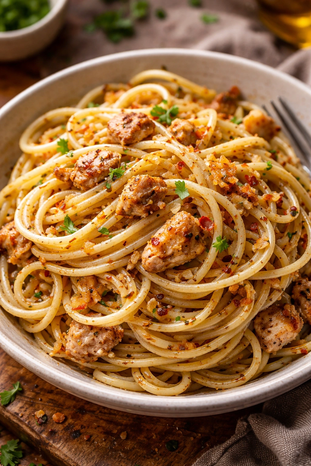 Close-up of pasta with caramelized garlic, red pepper flakes and protein in olive oil