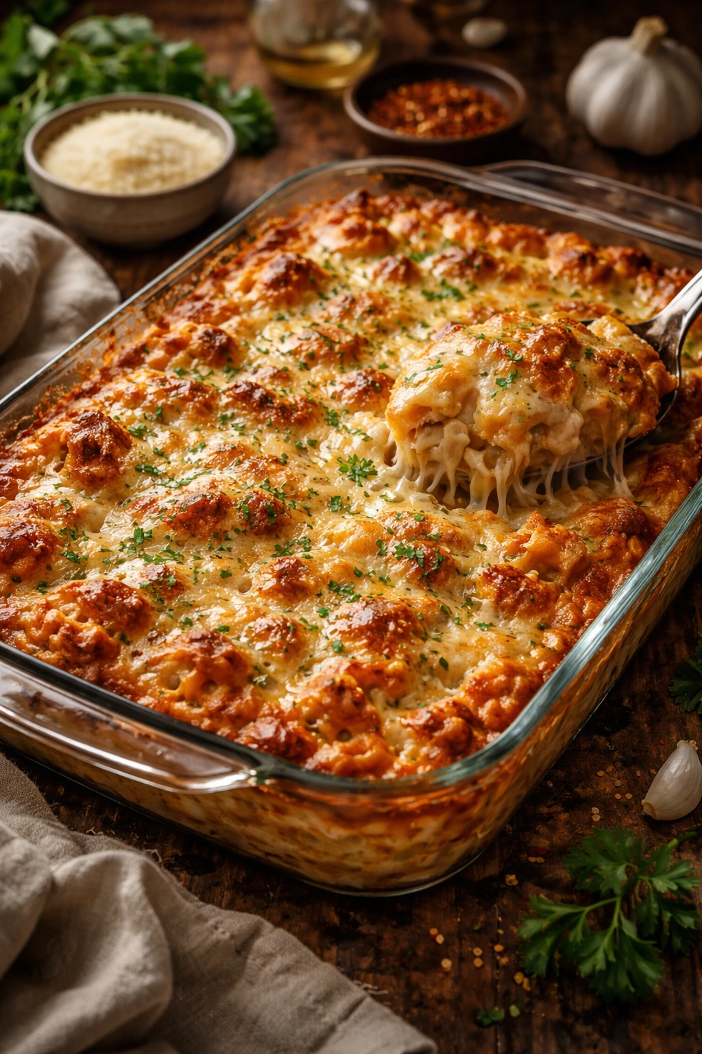 Close-up of a perfectly baked Million Dollar Pasta casserole with glossy cheese crust