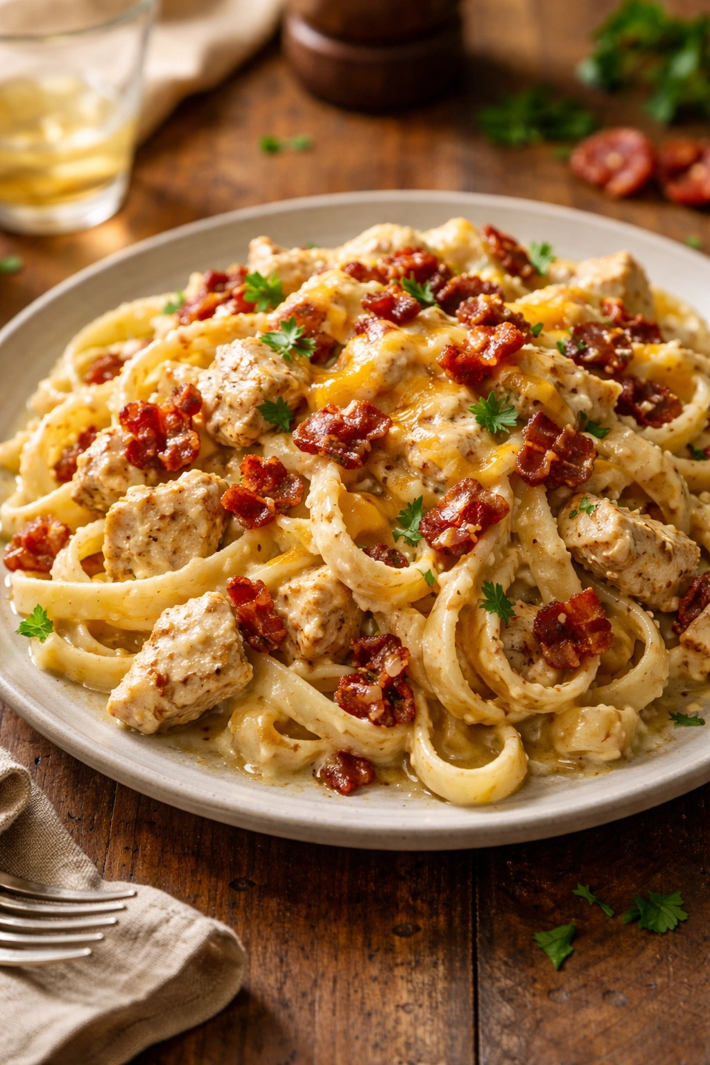 Close-up of creamy chicken bacon ranch pasta on a plate with visible chicken and bacon.