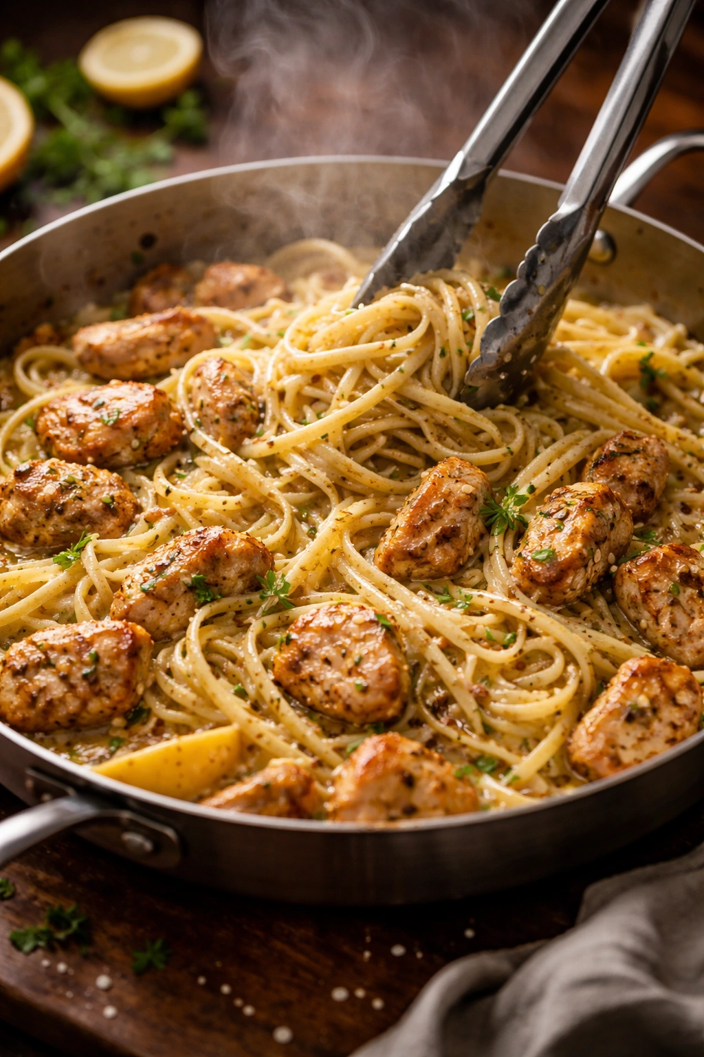 Pasta and chicken coated in lemon garlic butter sauce in a skillet.