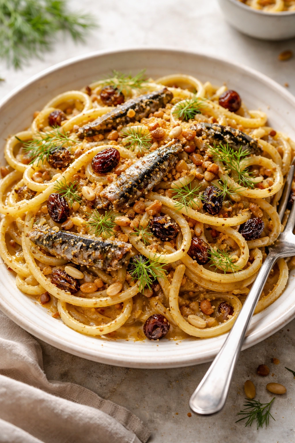 Close-up of Pasta con le Sarde with bucatini, sardines, fennel, and breadcrumbs on plate