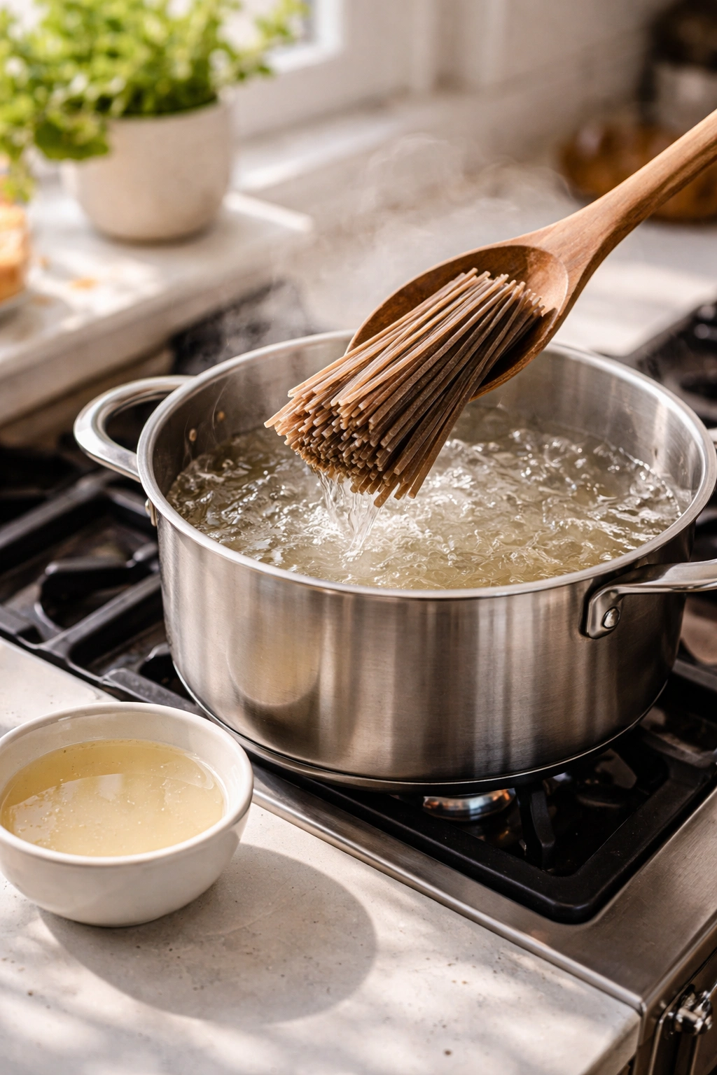 Close-up of boiling salted water and pasta being added, illustrating step-by-step pasta cooking.