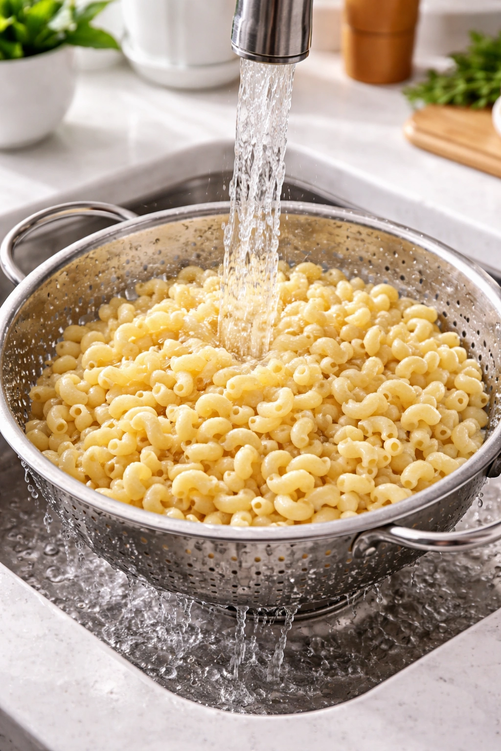 Pasta cooling under cold water in colander