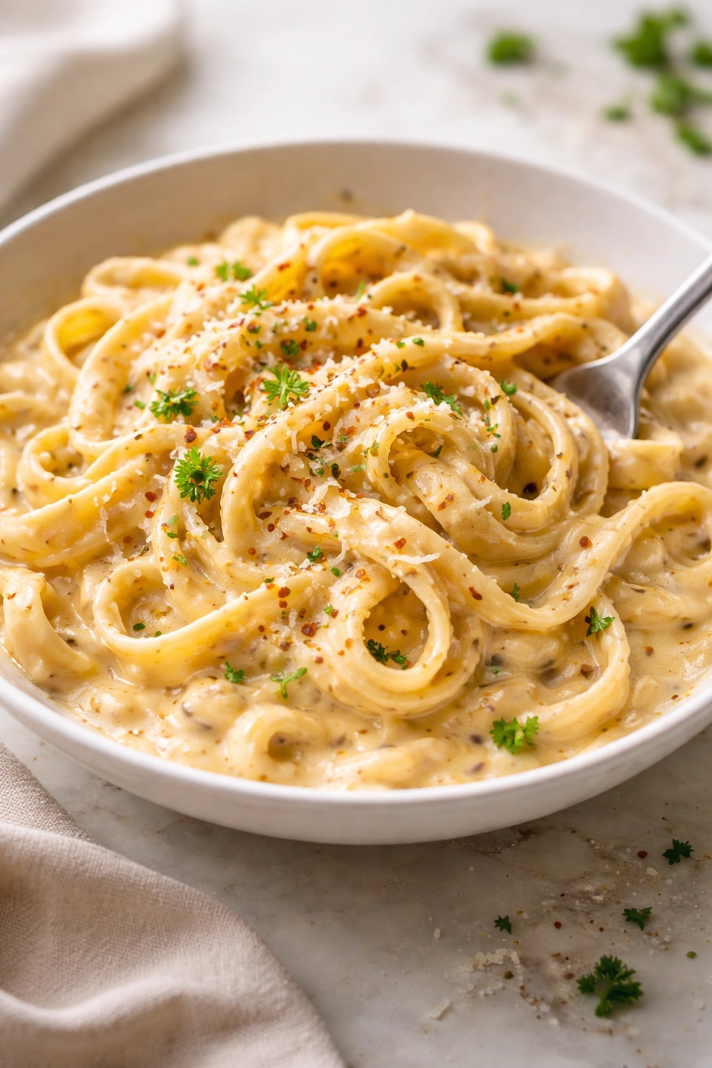 Creamy pasta with sauce clinging to pasta in a white bowl