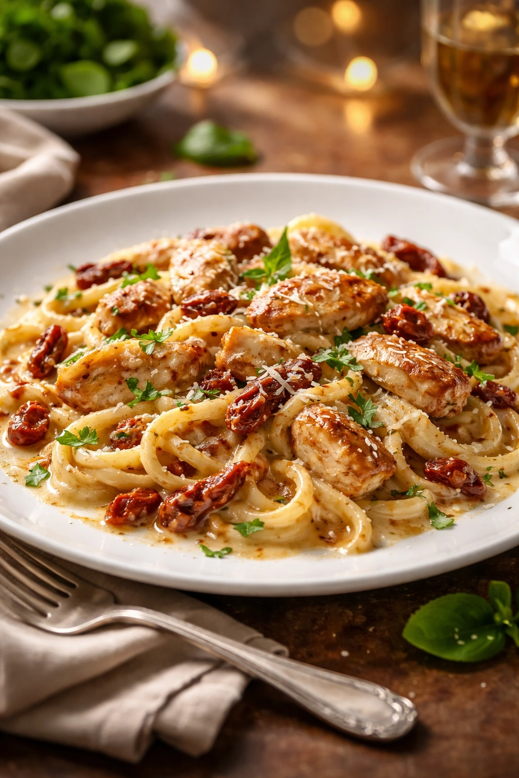 Close-up of creamy pasta with sun-dried tomatoes on a white plate, elegant restaurant presentation