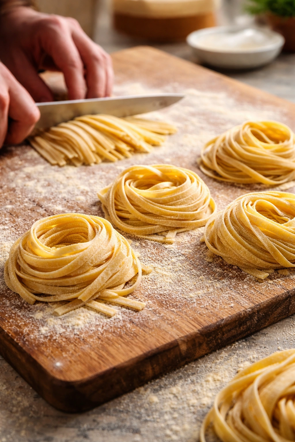 Close-up of freshly cut fettuccine nests on a semolina-dusted wooden board
