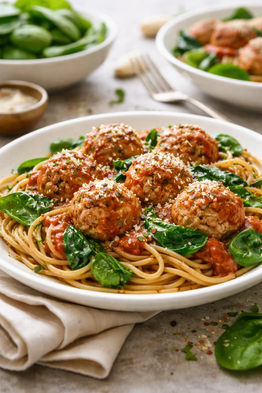 Plate of whole-grain pasta with spinach and turkey meatballs in marinara sauce