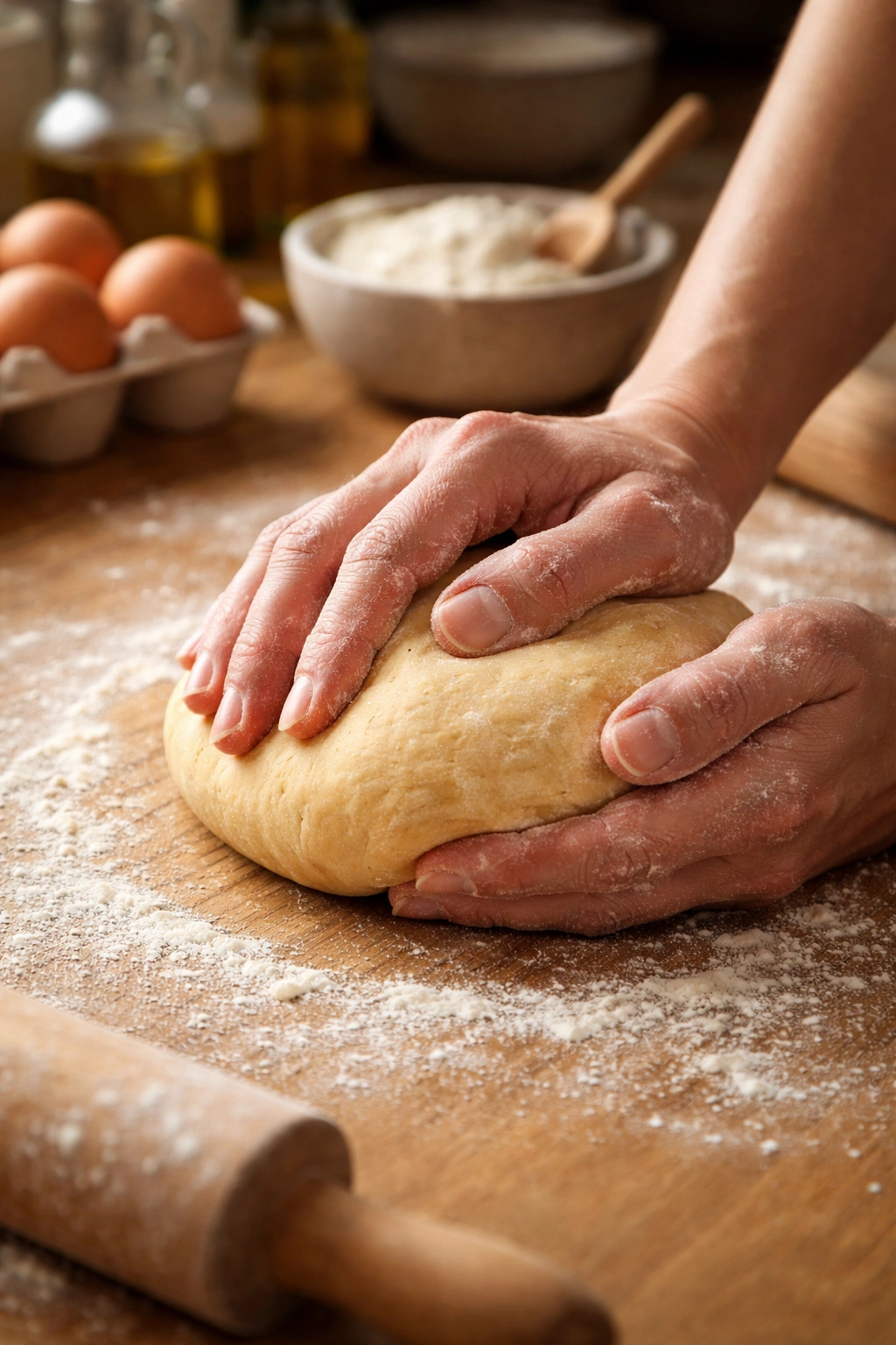 Hand kneading smooth dough on a floured surface