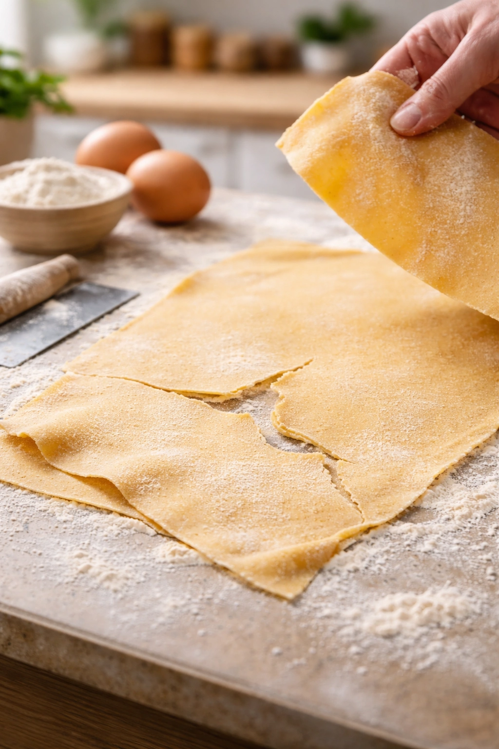 Dough sheet with tear and flour dust on a smooth surface