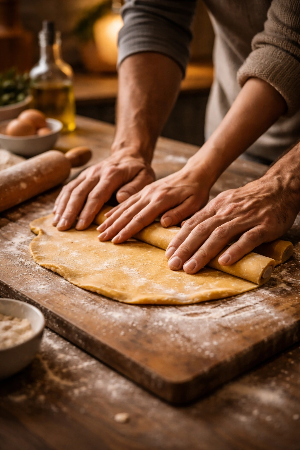 Two hands rolling fresh pasta dough on a floured wooden board in a cozy kitchen.