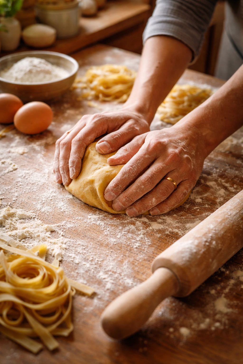 Two hands kneading fresh pasta dough on a floured wooden surface in a cozy kitchen