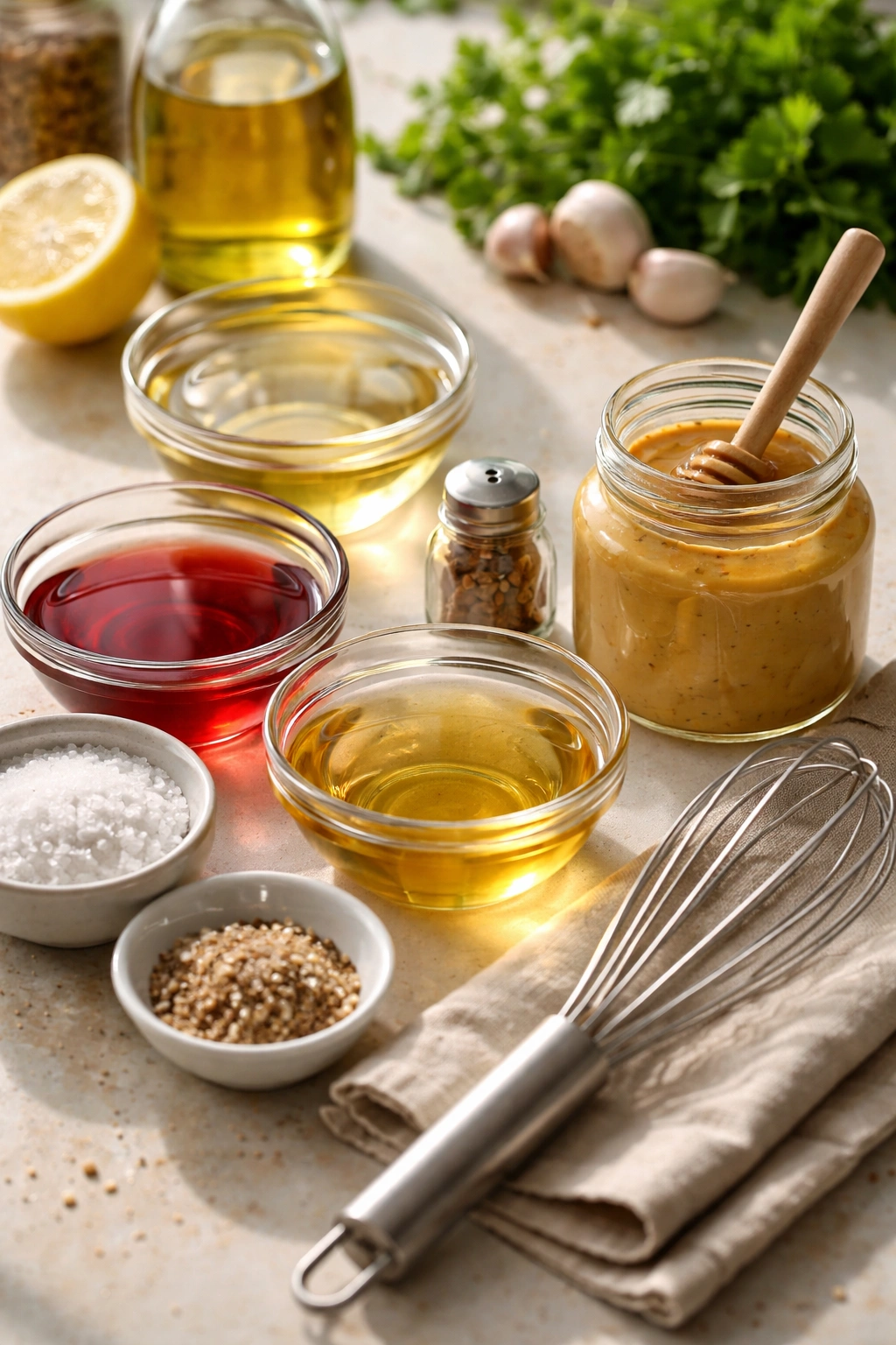 Close-up of vinegar dressing ingredients and whisk for pasta salad dressing
