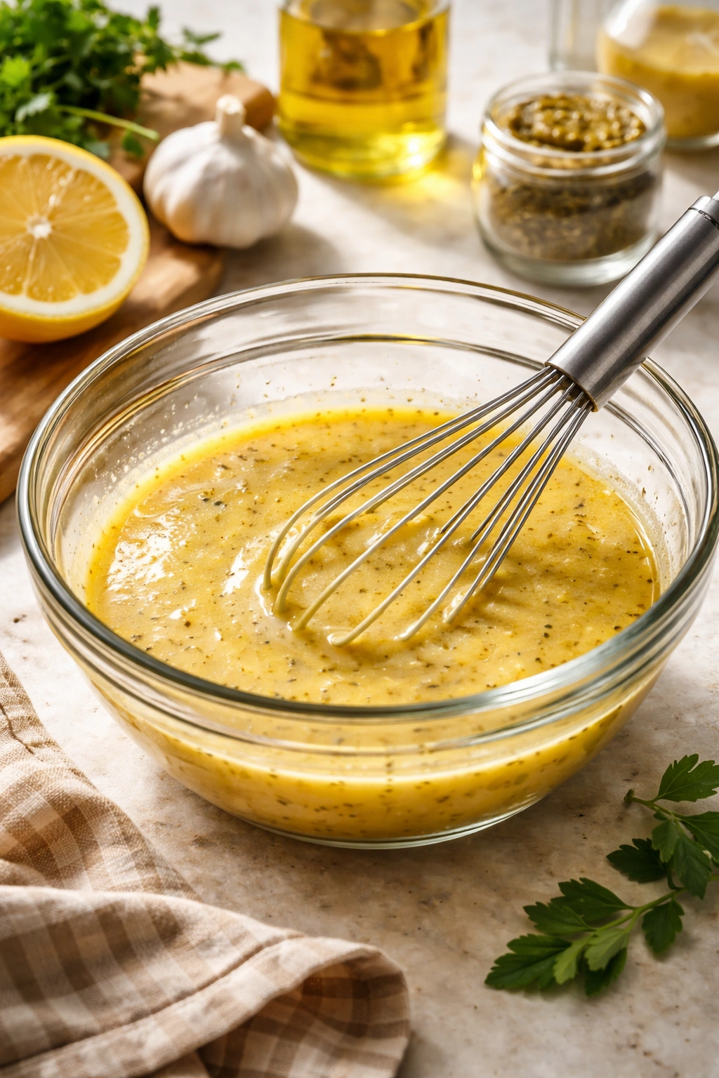 Glass bowl of emulsified pasta salad dressing with a whisk