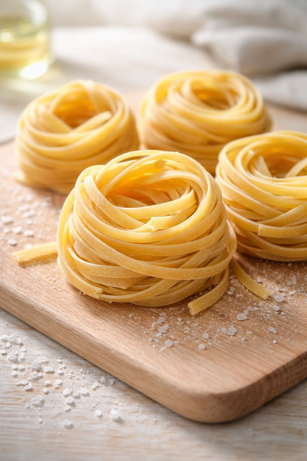 Dried pasta nests with salt crystals on a wooden surface, pasta preparation