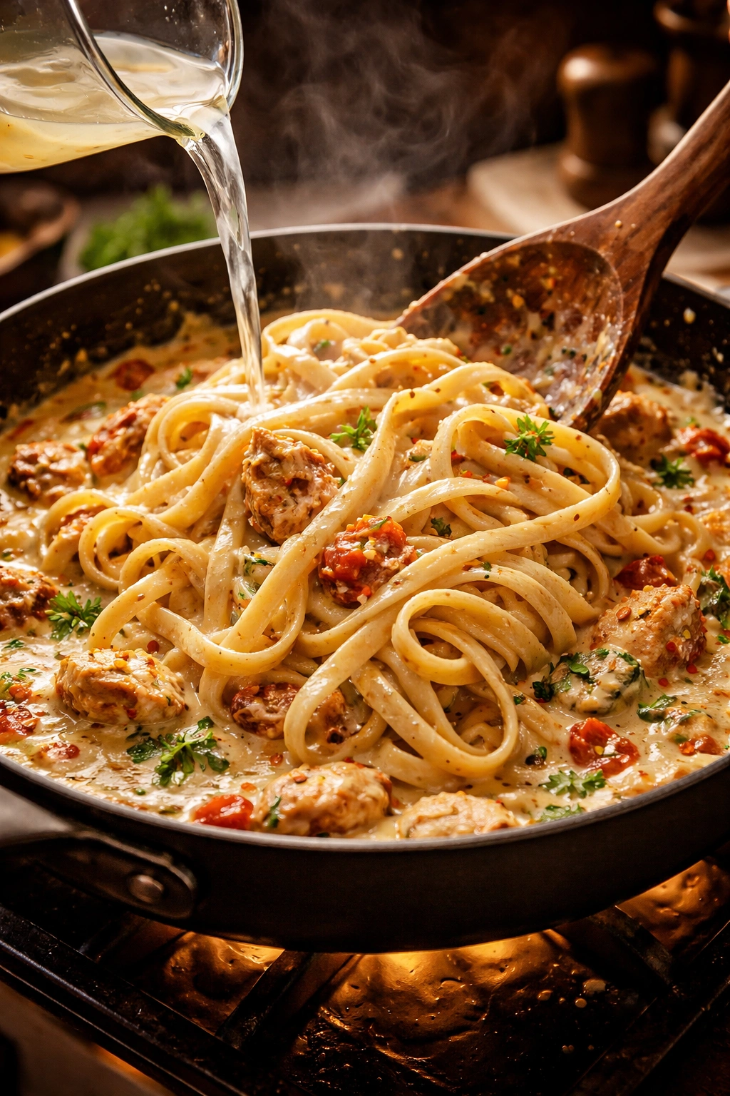Close-up of creamy sauce coating al dente pasta in a skillet during cooking