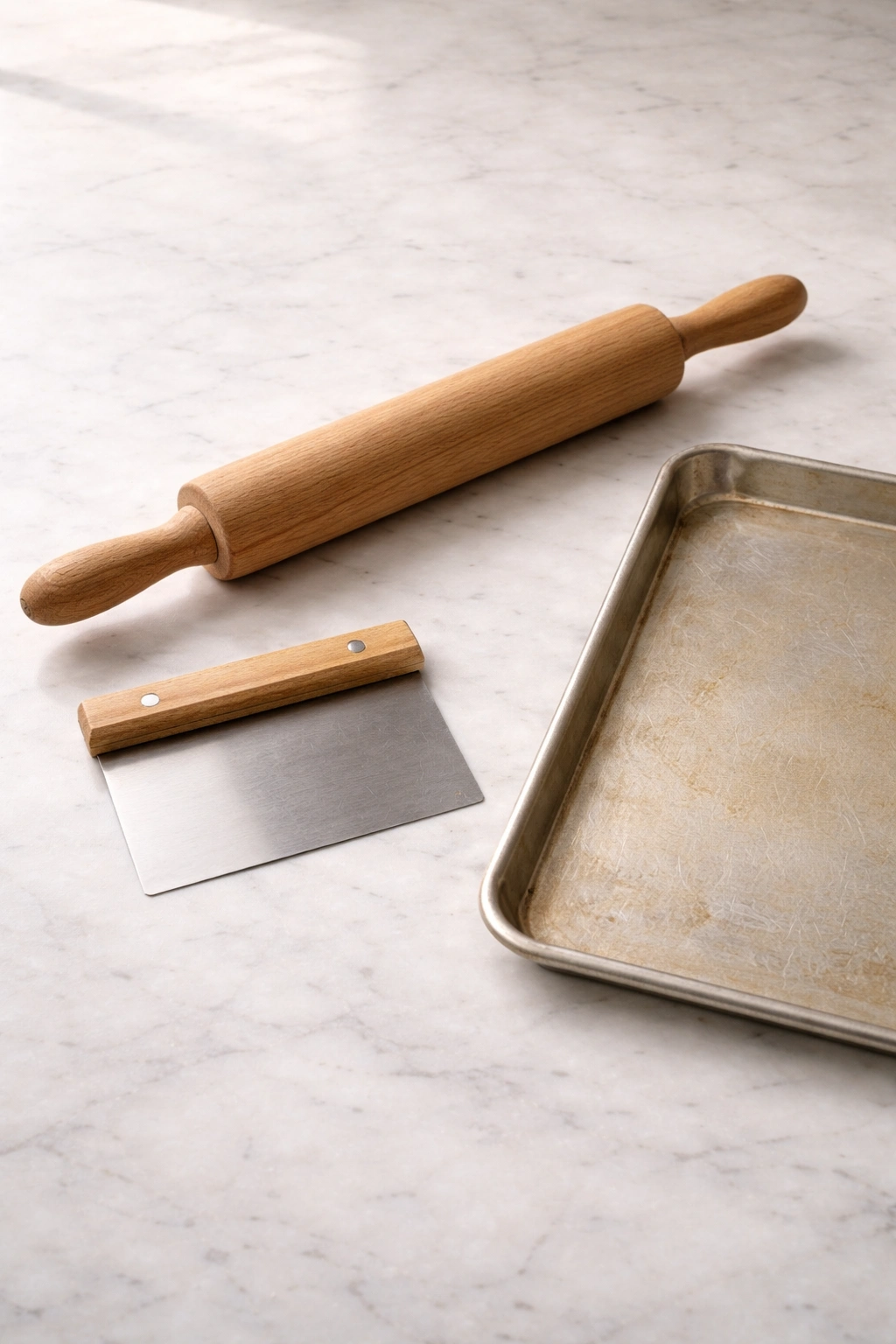 Rolling pin, bench scraper, and sheet pan arranged on a clean work surface