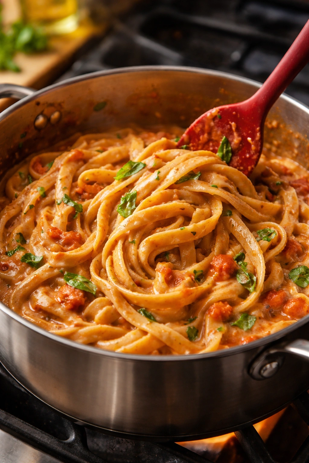 Close-up of creamy tomato basil pasta being folded into glossy sauce on stove