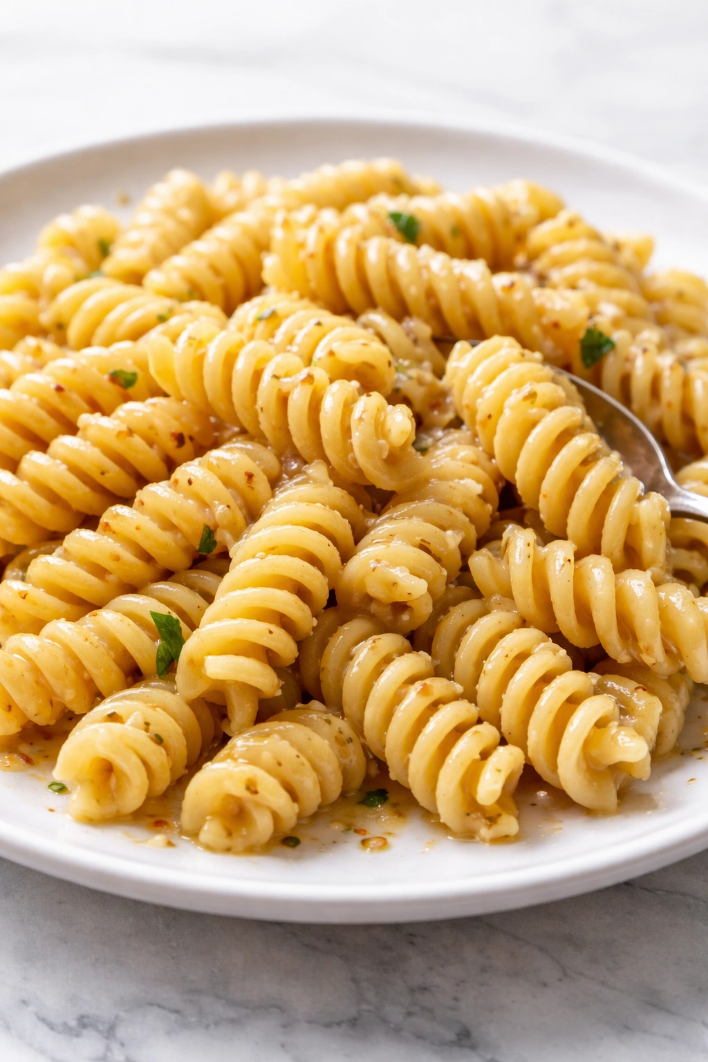 Cooked fusilli pasta with dressing on a white plate