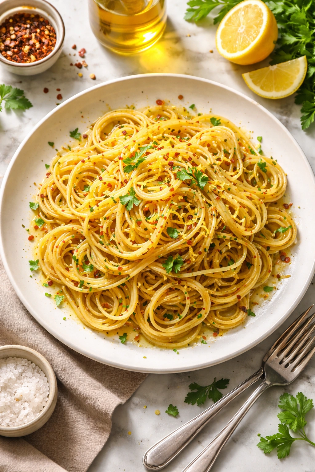 Plate of aglio e olio pasta with garlic, olive oil, and lemon zest, cheese-free