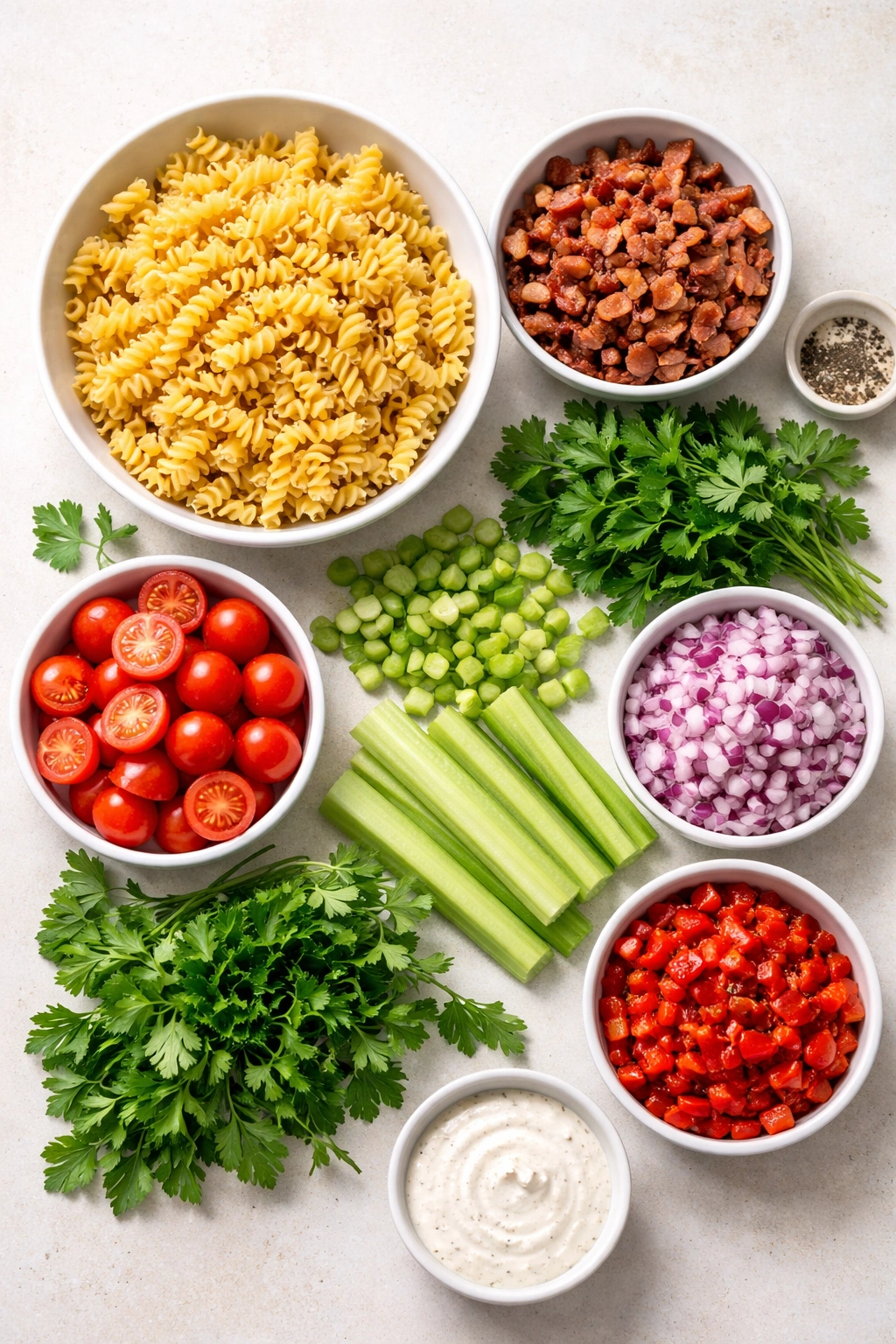 Flat lay of salad ingredients including pasta, bacon, vegetables