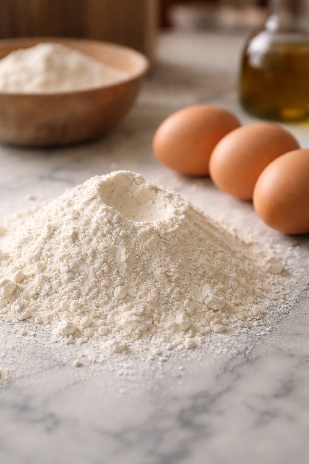 Fine flour mound and three large eggs on a pale marble surface