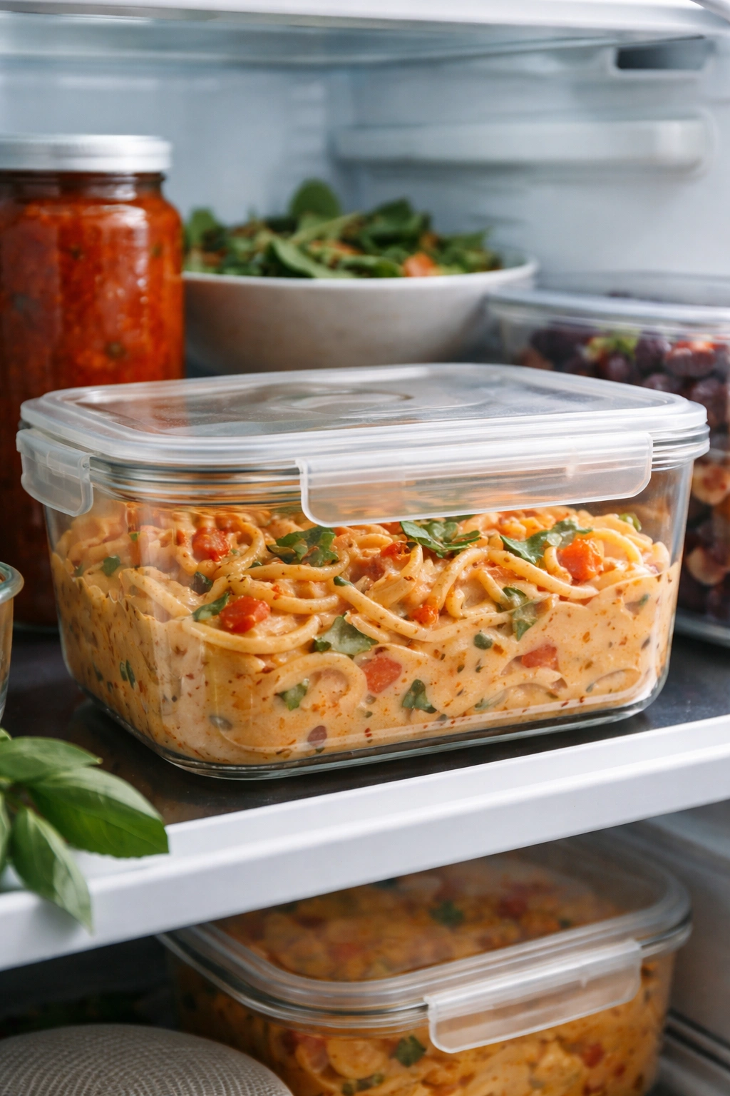 Airtight container of pasta leftovers in the fridge