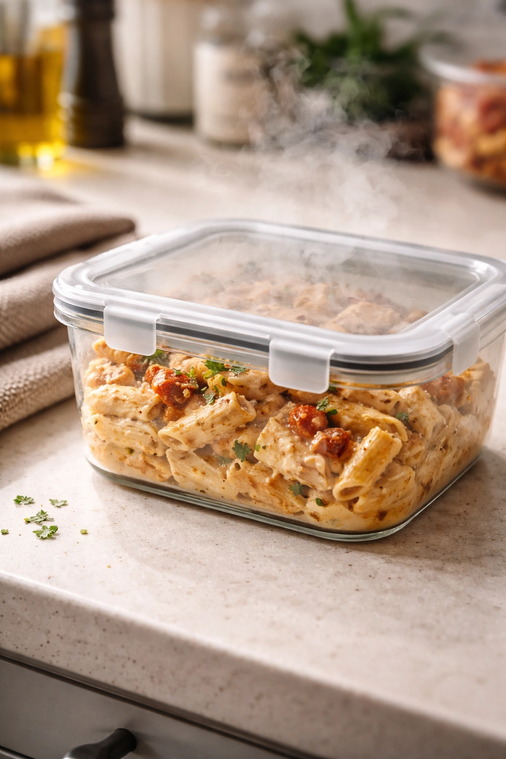 Airtight container filled with creamy pasta leftovers on a kitchen counter