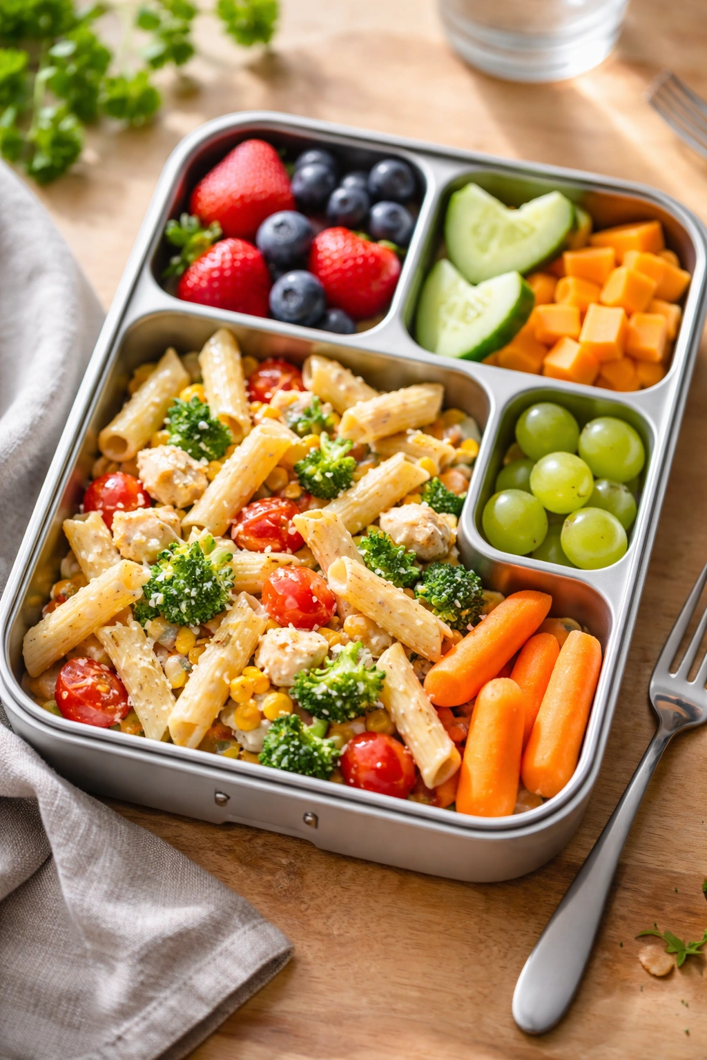 Pasta-based lunchbox with penne and subtle add-ins in a portable setup