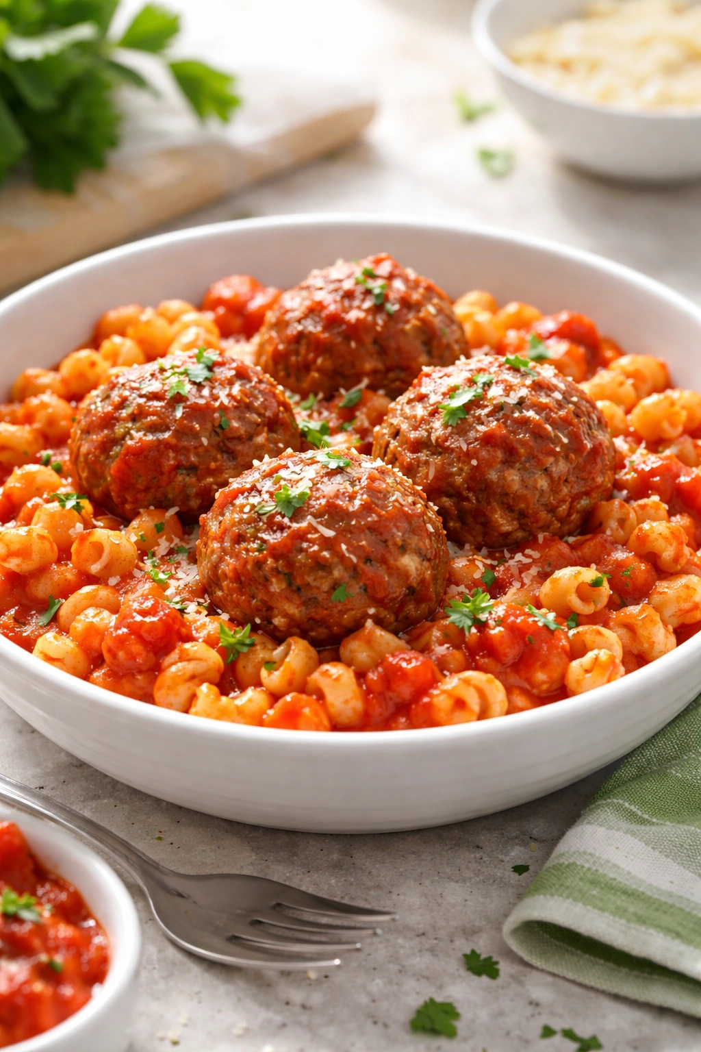 Pasta with marinara sauce and meatballs in a bowl