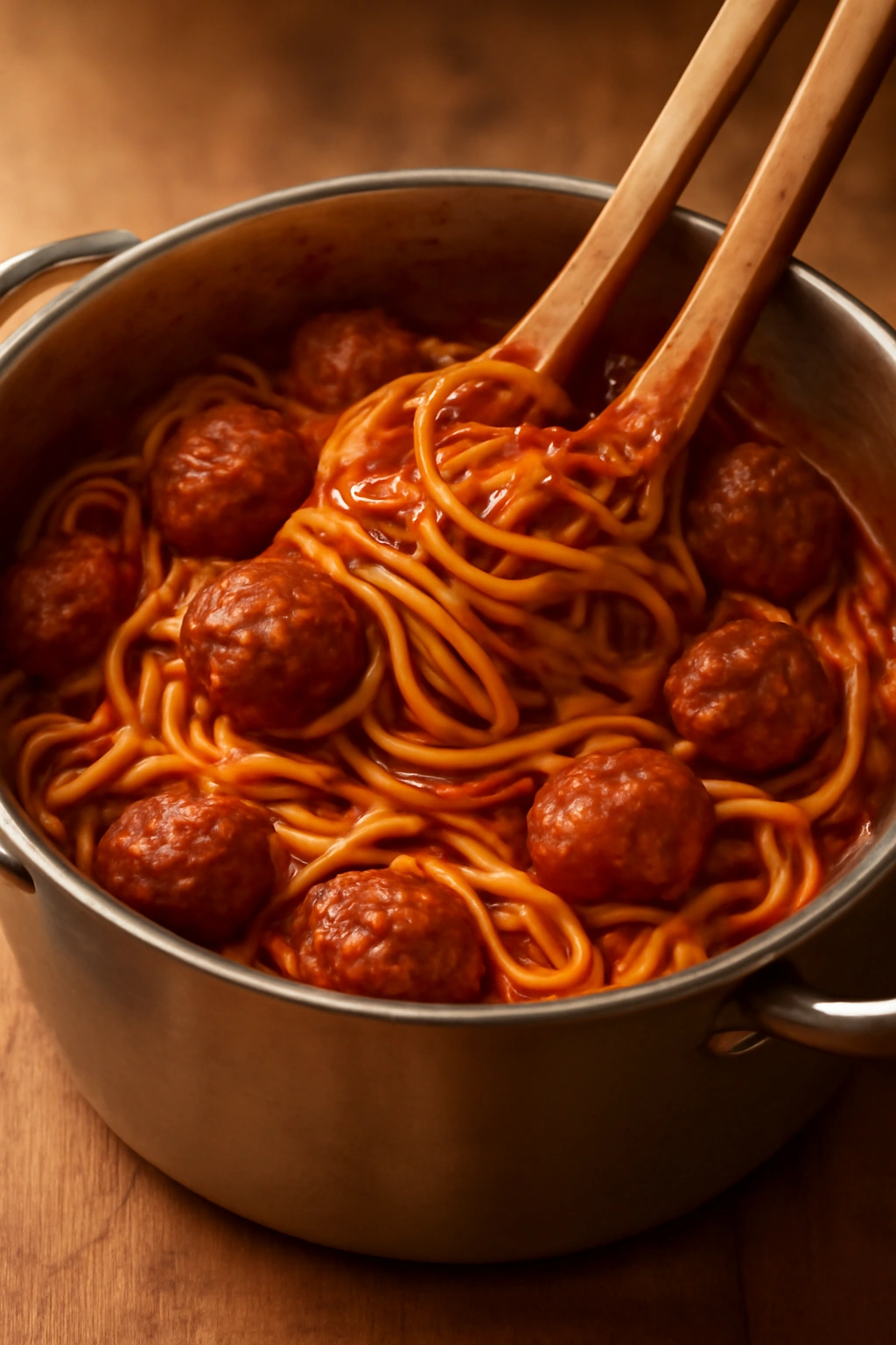 Spaghetti with meatballs coated in glossy sauce being tossed together in a pot