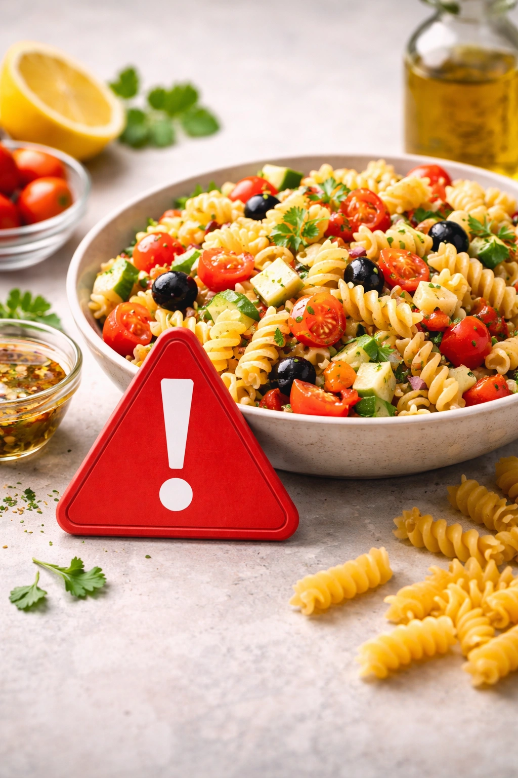 Red hazard symbol suggesting mistakes to avoid in pasta salad