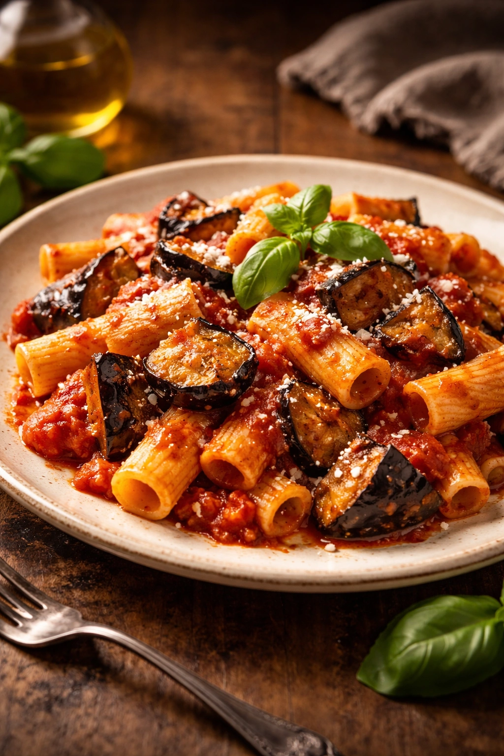 Pasta alla Norma with fried eggplant in tomato sauce