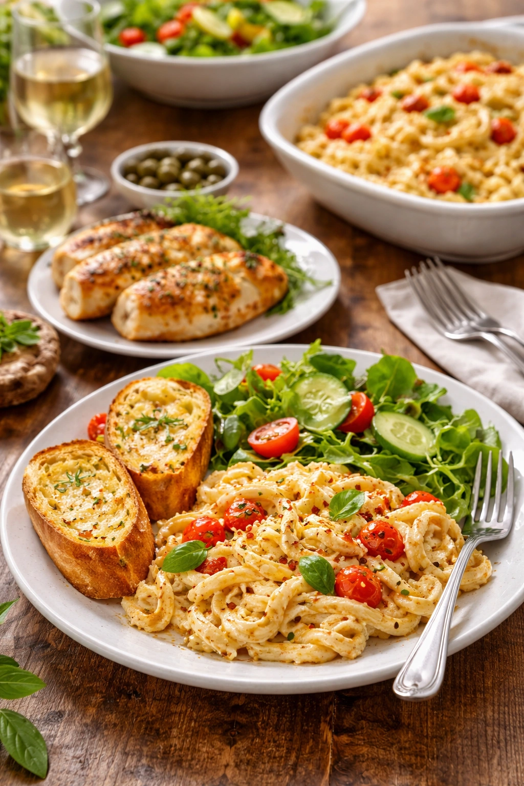 plated baked feta pasta with bread and salad as serving pairings