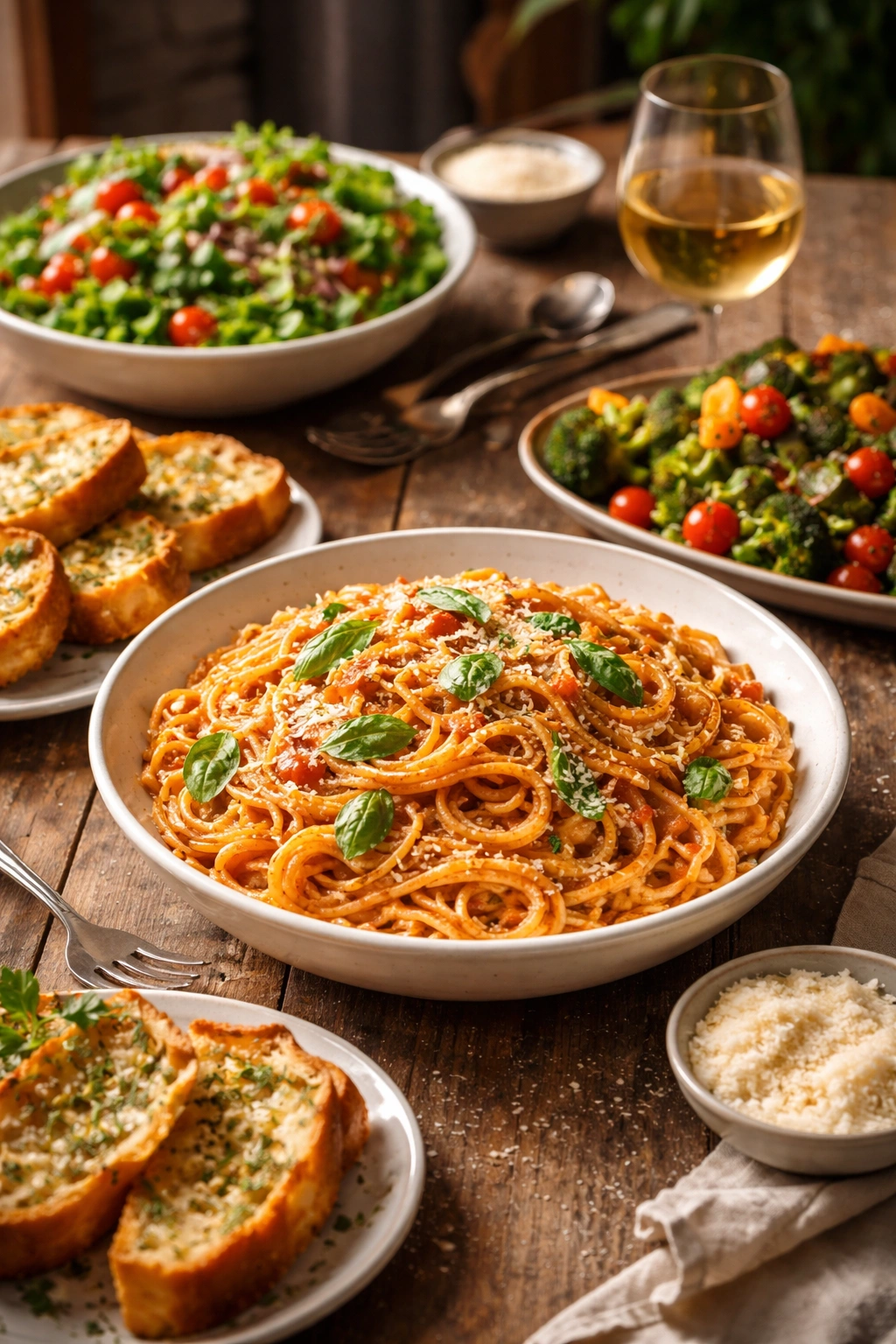 Creamy tomato basil pasta with salad and garlic bread on rustic table, warm lighting