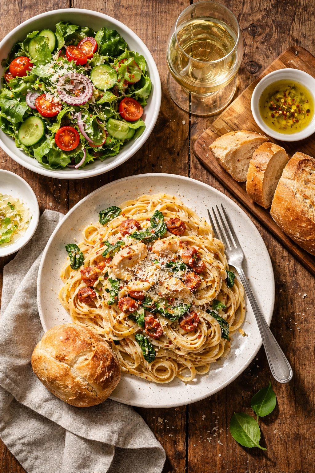 Plated creamy Tuscan pasta with salad and bread illustrating serving suggestions and perfect pairings
