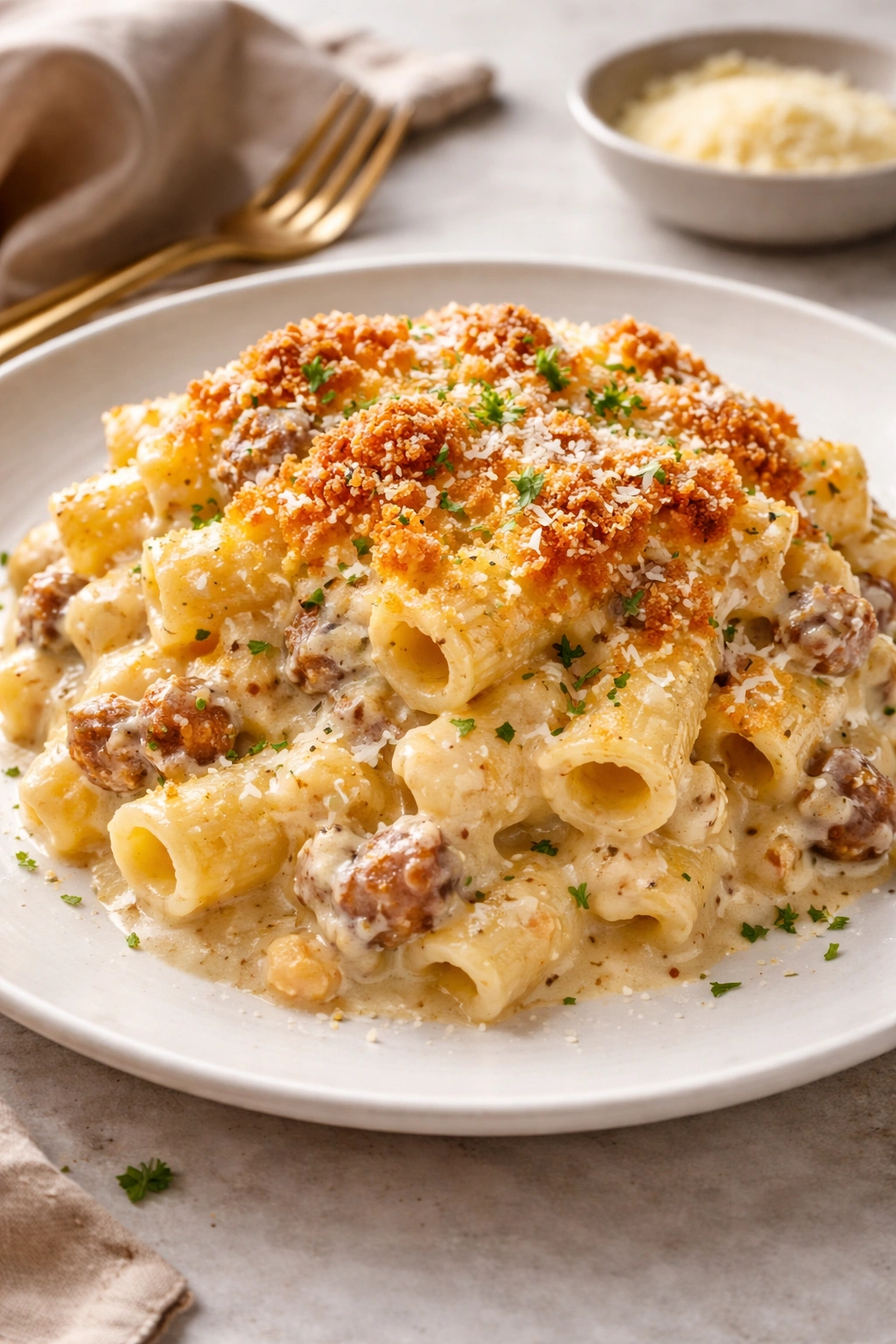 Beautiful plated Million Dollar Pasta showing creamy texture