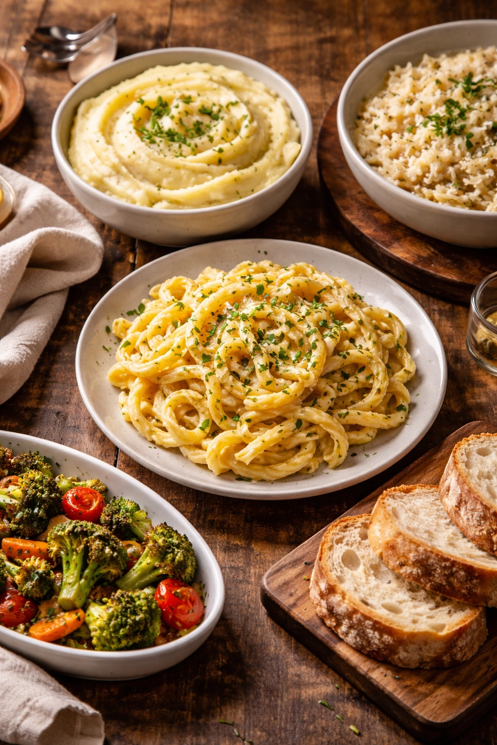 Plate of pasta, mashed potatoes, and bread as sides