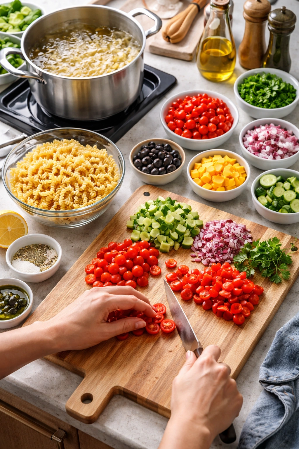 Hands preparing vegetables on a kitchen counter near boiling water.