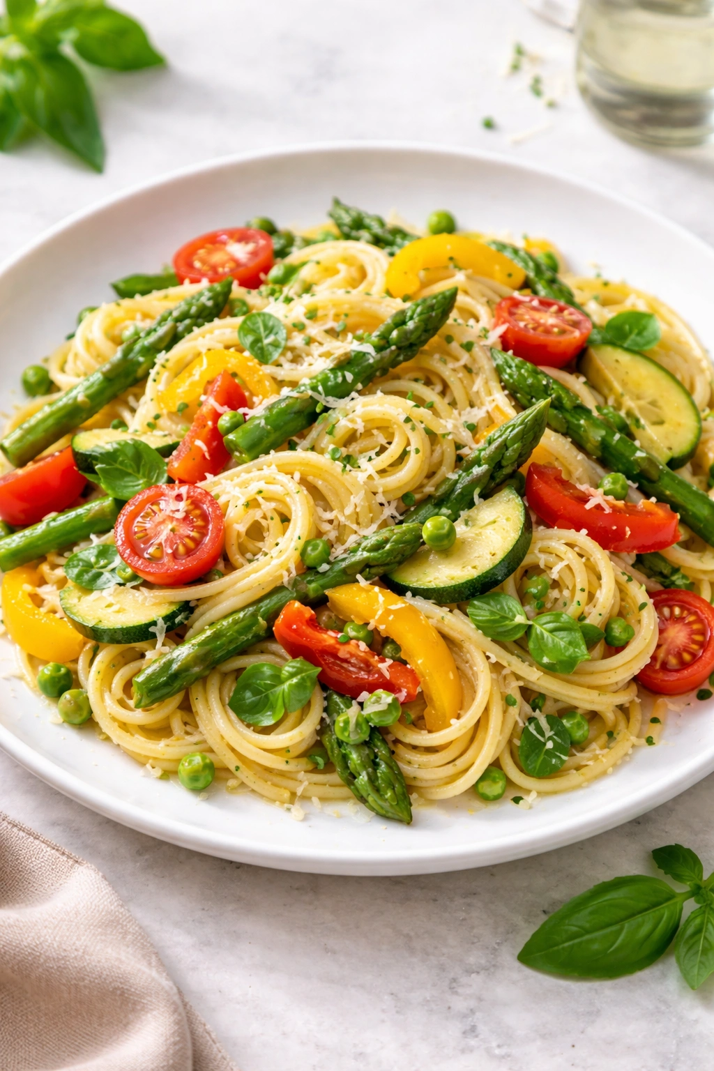 Pasta Primavera on white plate with colorful spring vegetables