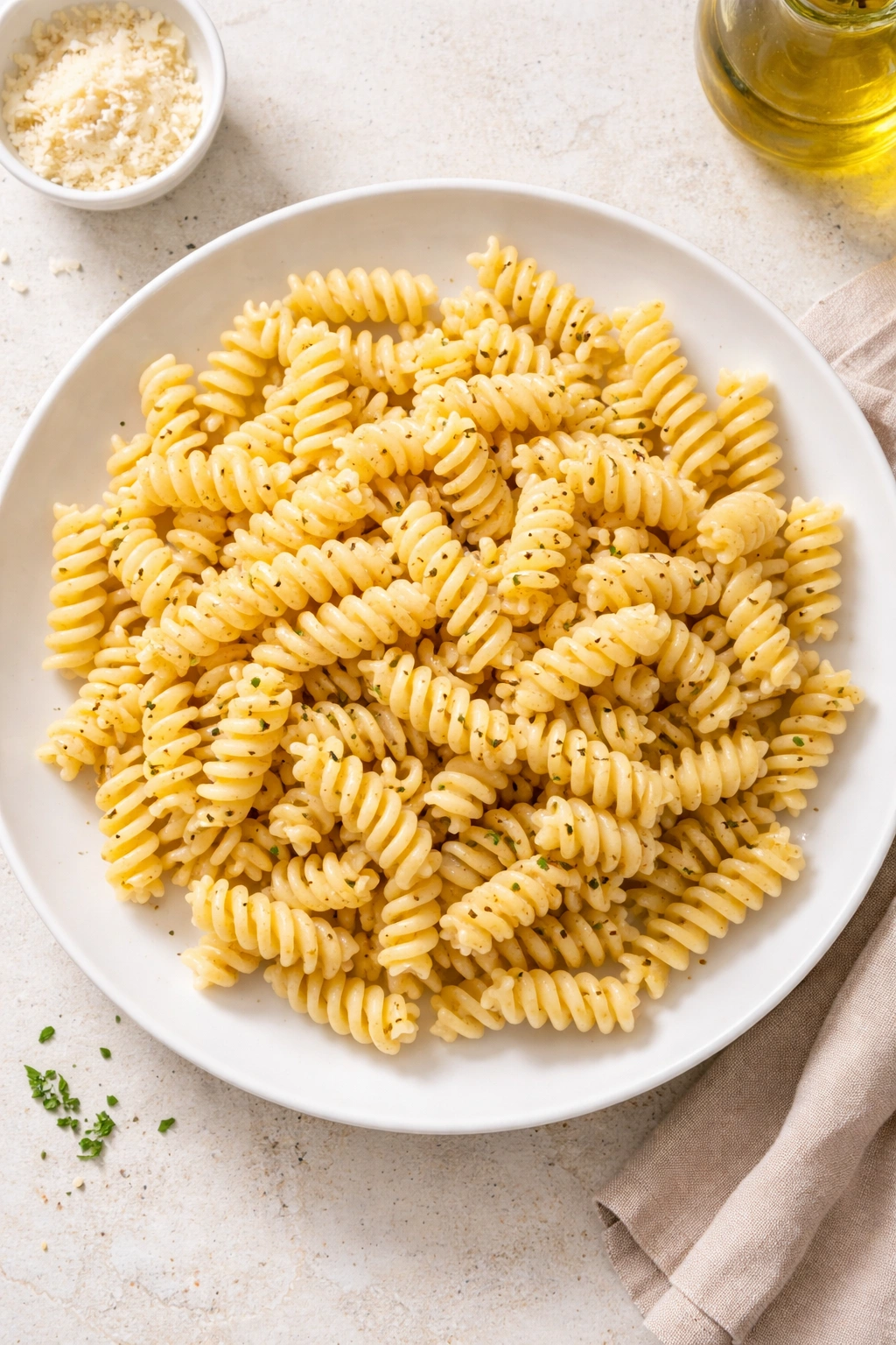 Top-down view of cooked rotini pasta on plate