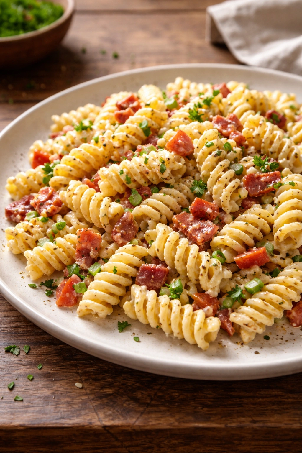Warm rotini pasta coated in dressing with bacon and herbs