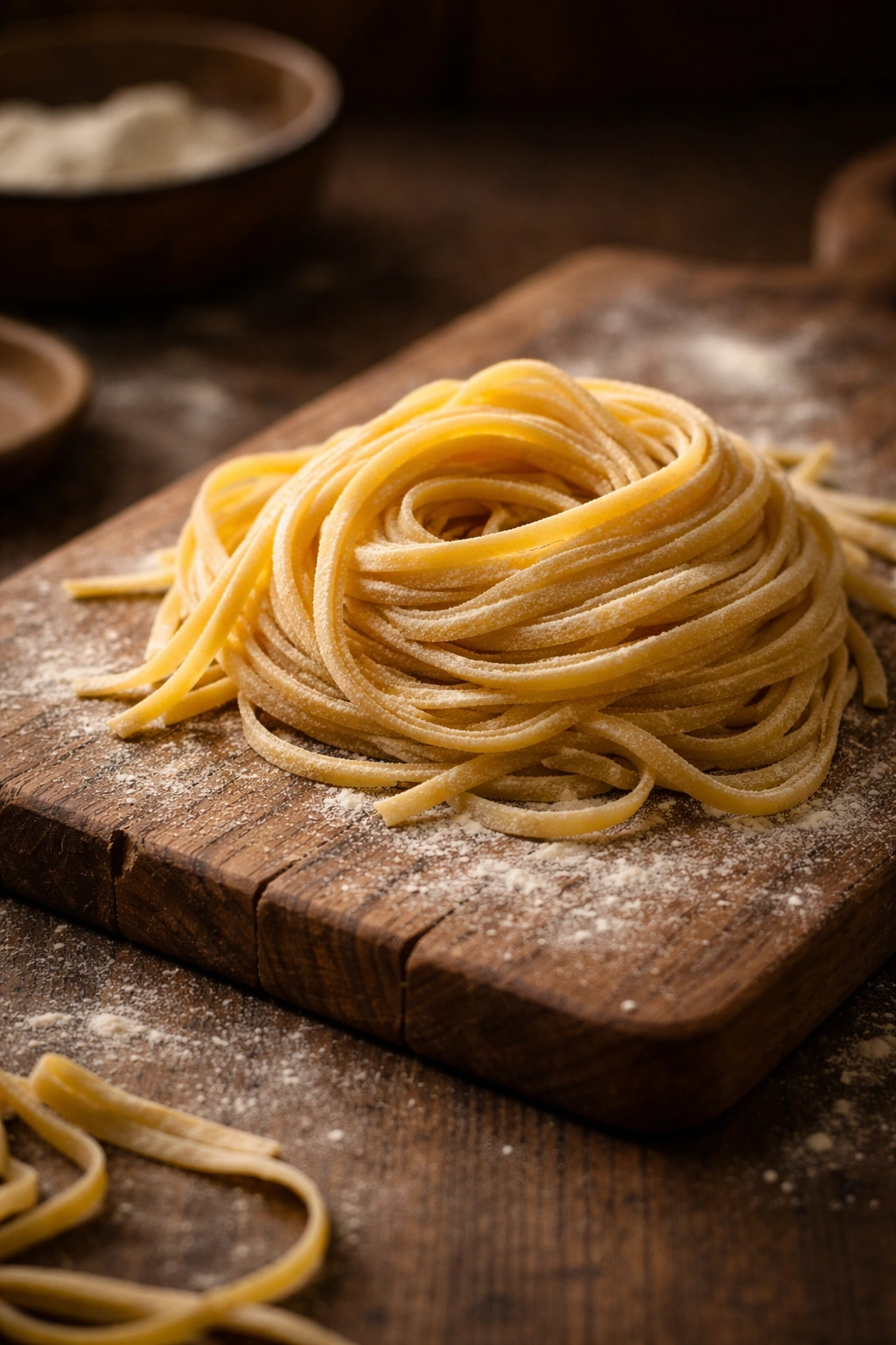 Close-up of silky, fresh pasta strands on a rustic wooden board with warm lighting.