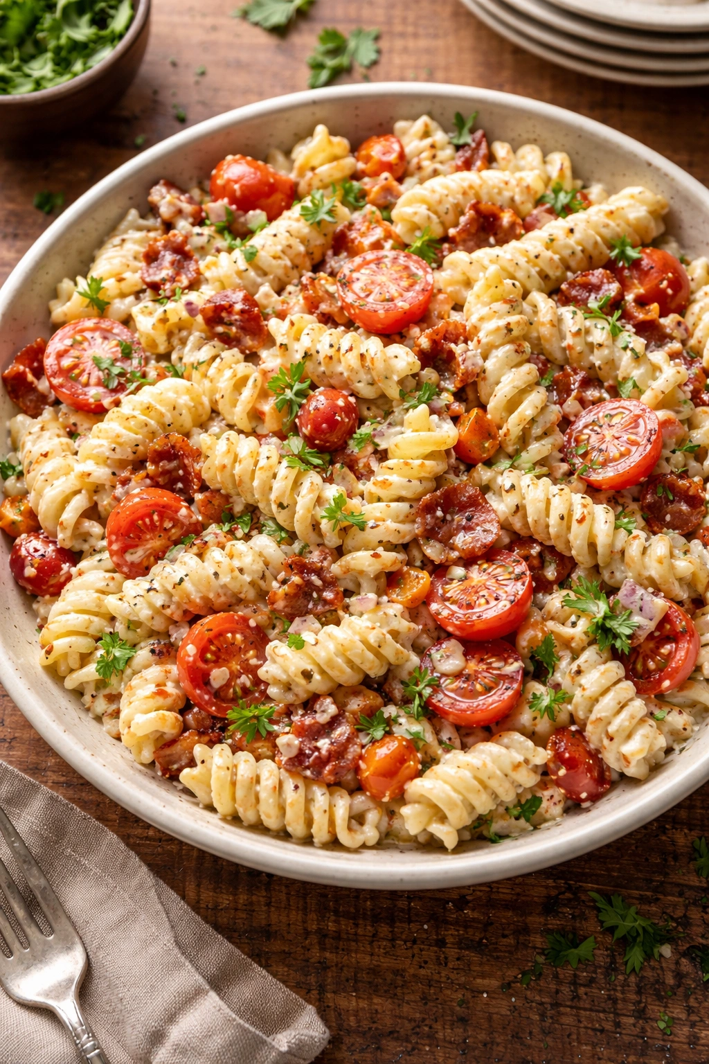 Close-up of a bowl of restaurant-style pasta salad with bacon, tomatoes, and parsley in creamy dressing