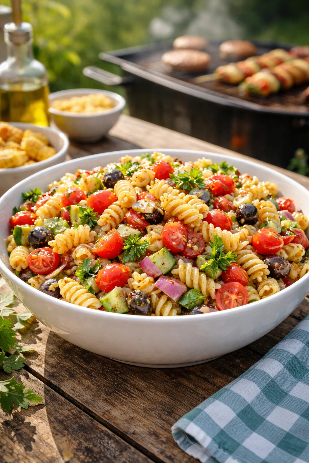 Close-up of a colorful pasta salad bowl with vegetables, outdoors in soft sunlight