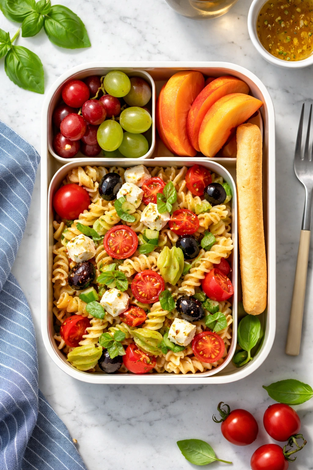 Top-down Italian pasta salad bento with pasta, veggies, cheese, olives, and breadstick