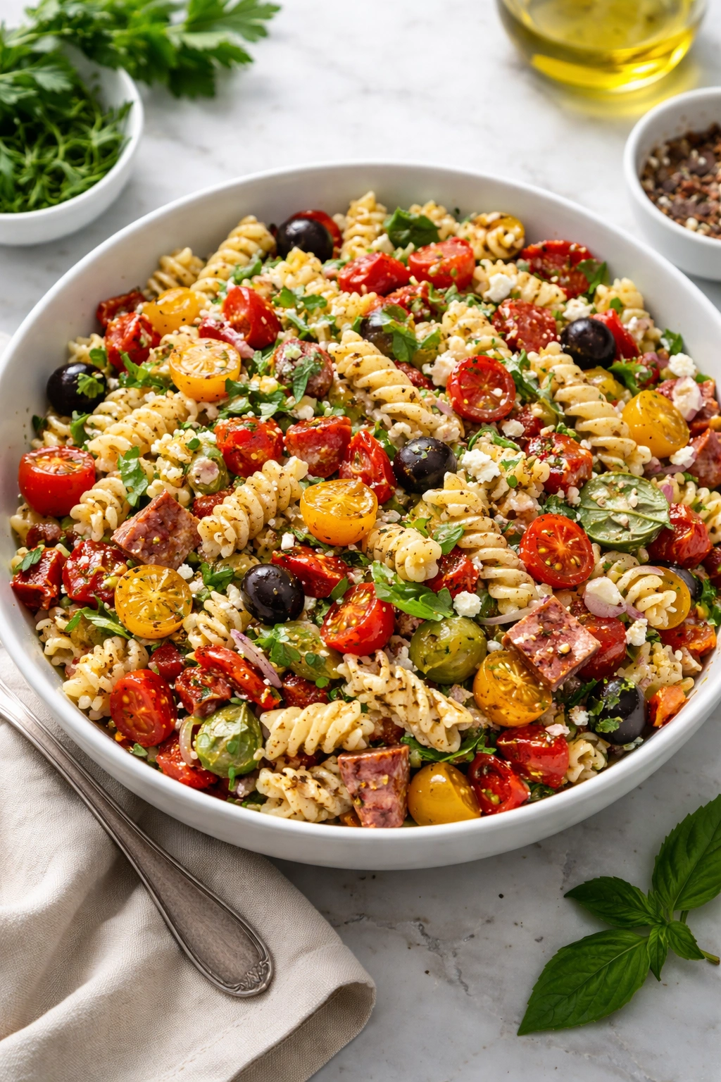 Pasta salad with bold ingredients in a bowl, colorful and appetizing