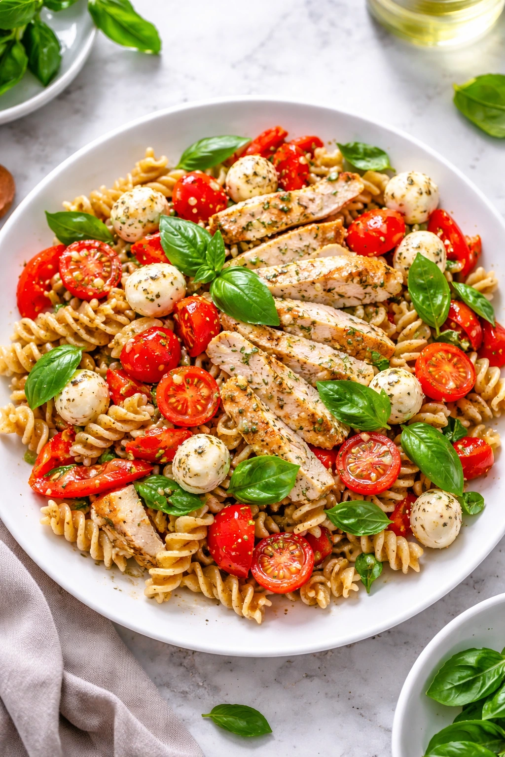 Close-up of Italian Pasta Chicken Salad with grilled chicken, mozzarella and veggies on a plate