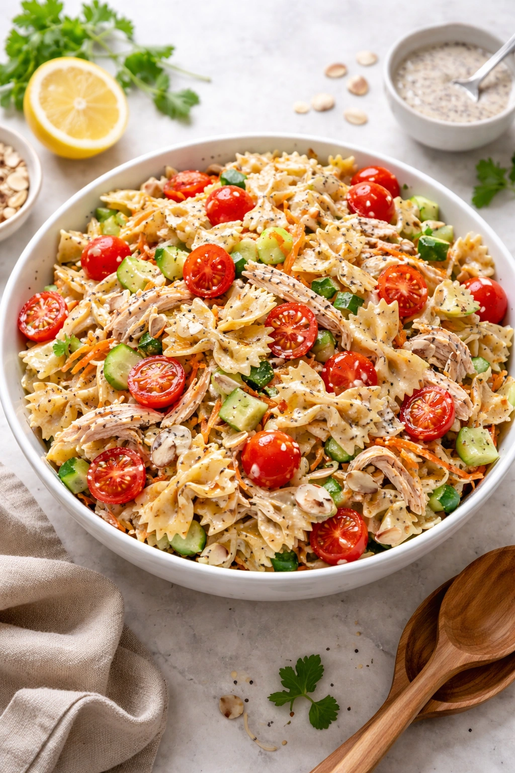 Colorful pasta salad with shredded chicken and poppy seed dressing.